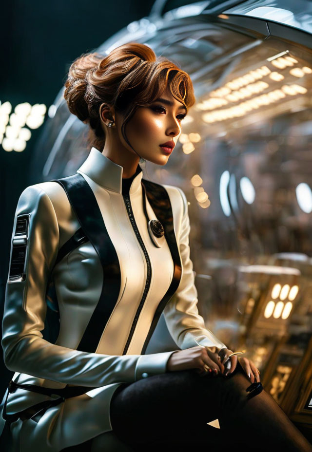 Stylish woman in futuristic suit sitting in high-tech space