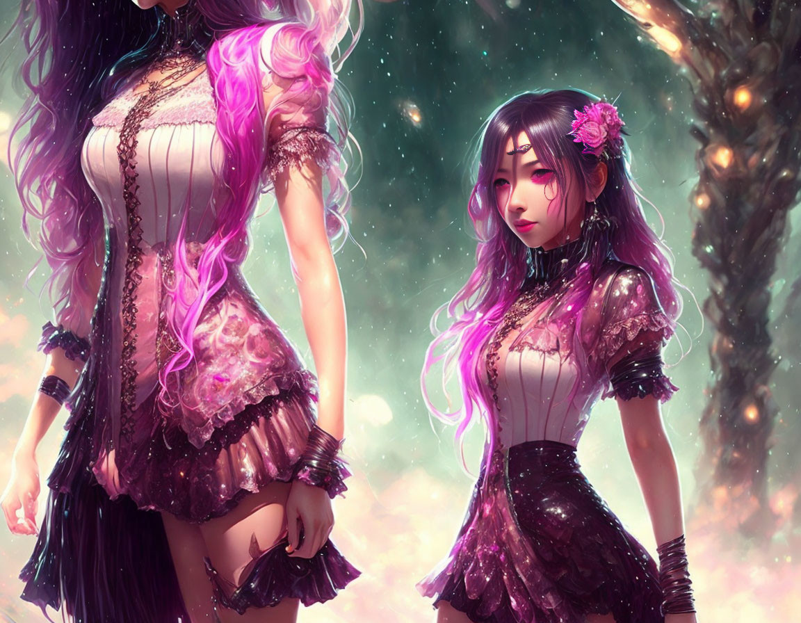 Stylized animated female characters with long purple hair in glowing forest scene