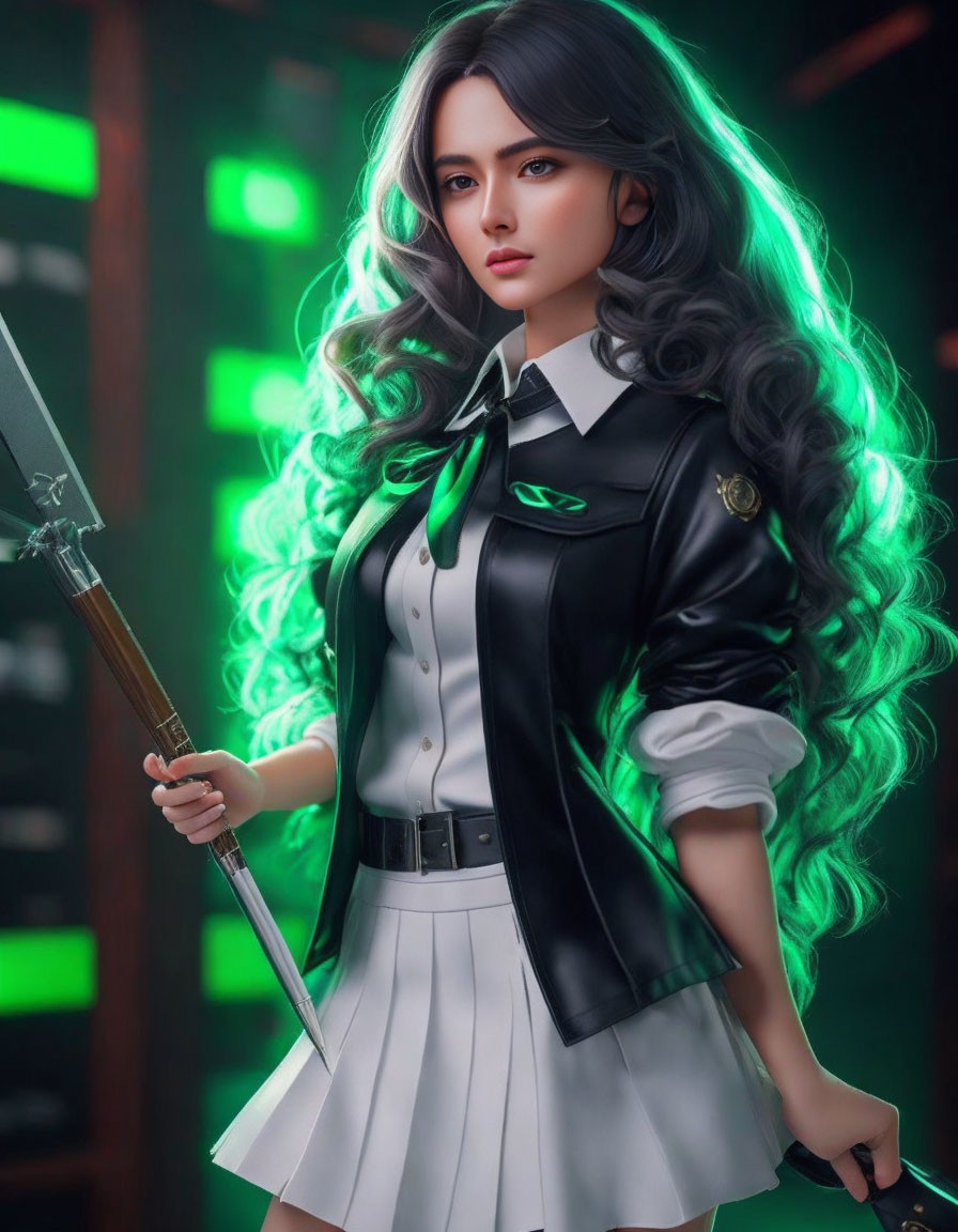 Young woman with long wavy hair in black and white school uniform holding a spear in neon lights