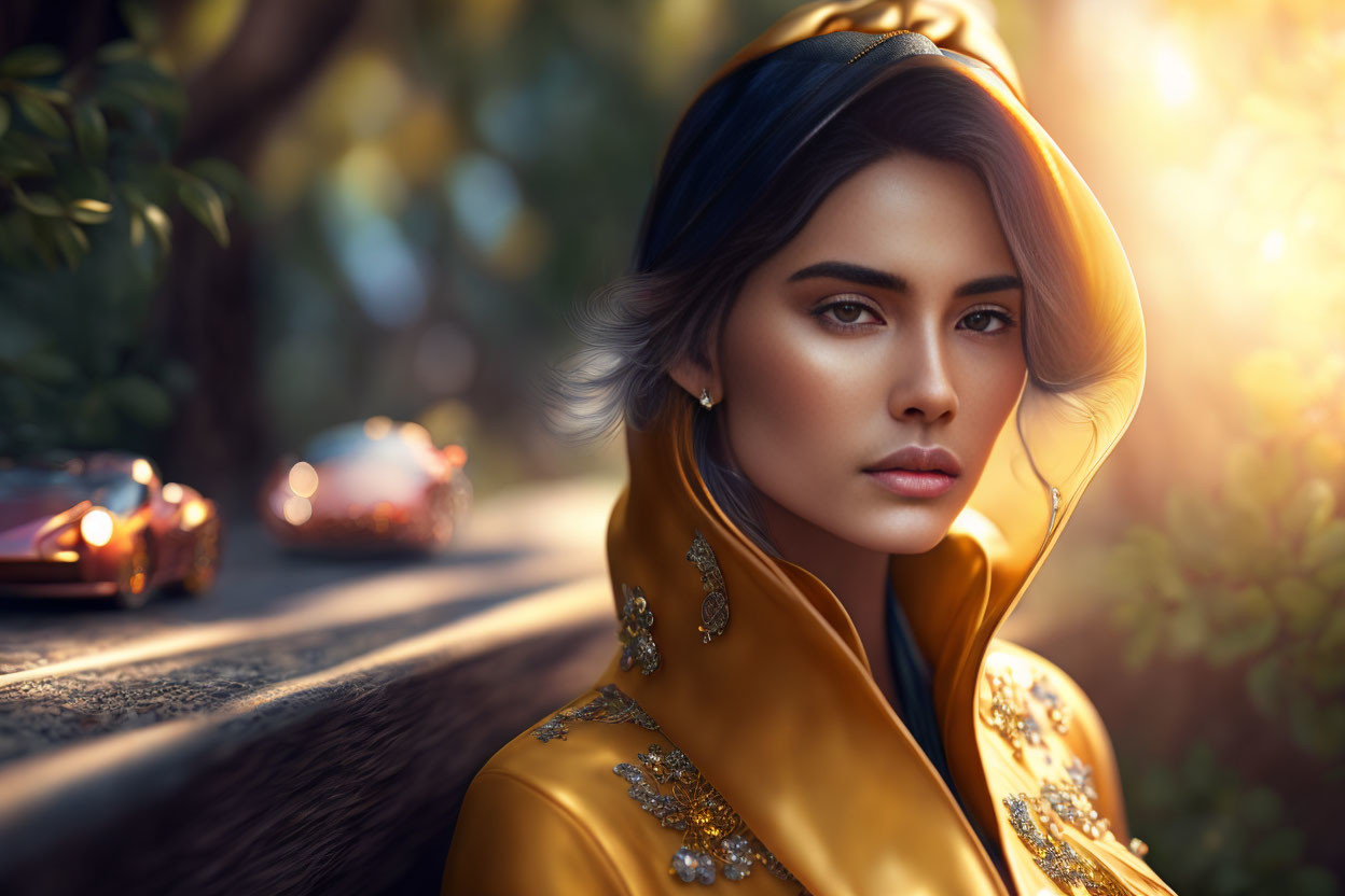 Woman in Golden Hood with Intense Gaze and Sunlit Background