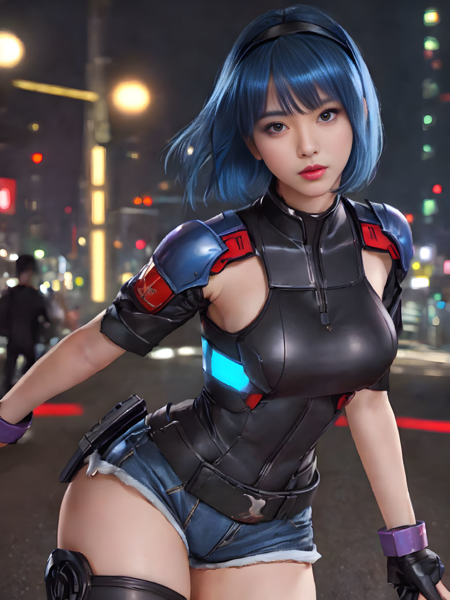 Futuristic digital artwork: Woman with blue hair in neon-lit armor, cityscape at night