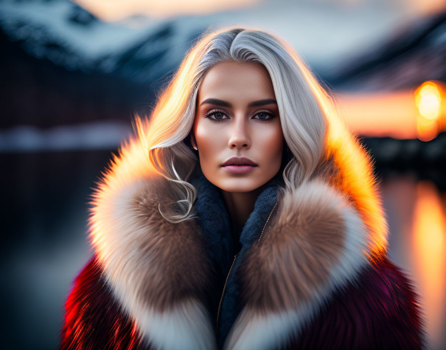 Platinum blonde woman in fur coat against twilight landscape