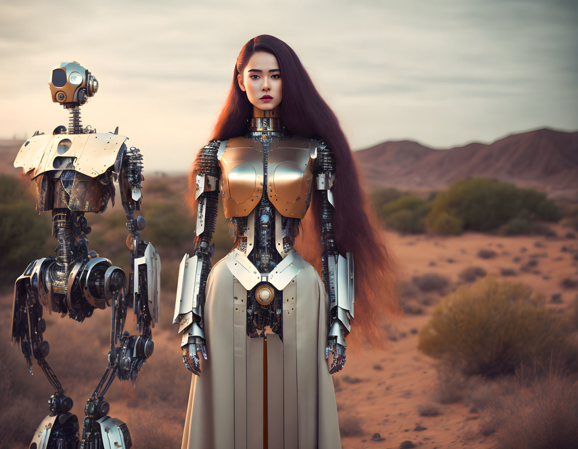 Female android in golden armor with long hair next to smaller robot in desert at dusk