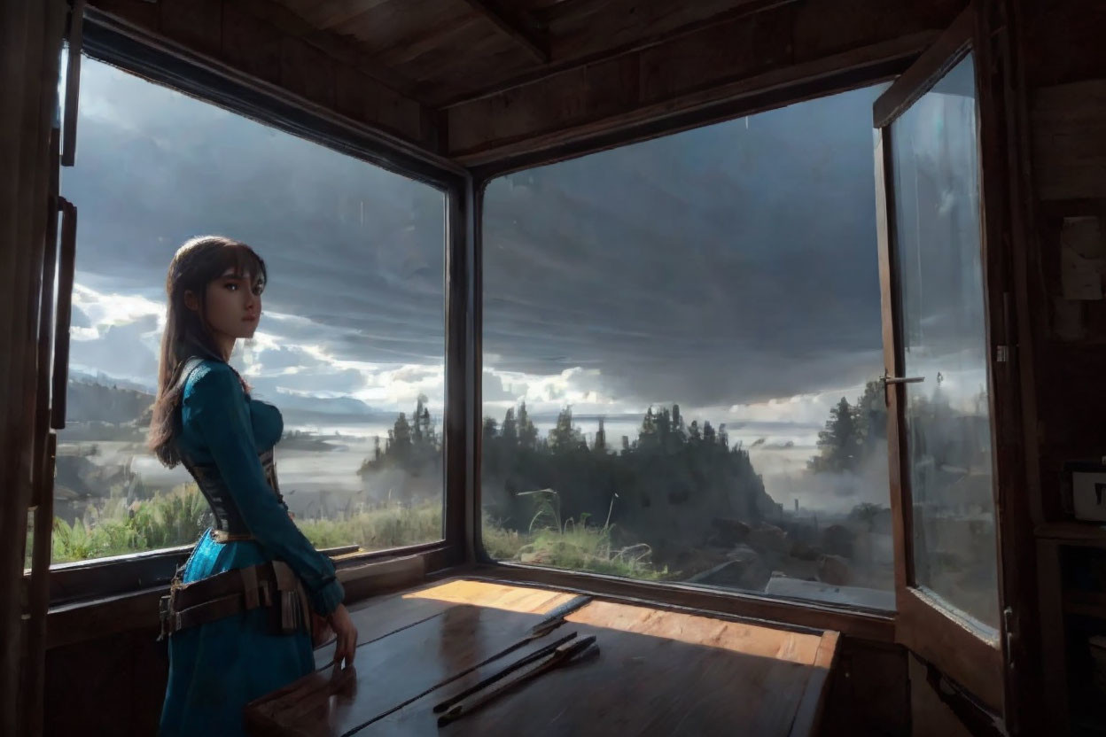 Woman in blue dress gazes at stormy landscape from wooden cabin window