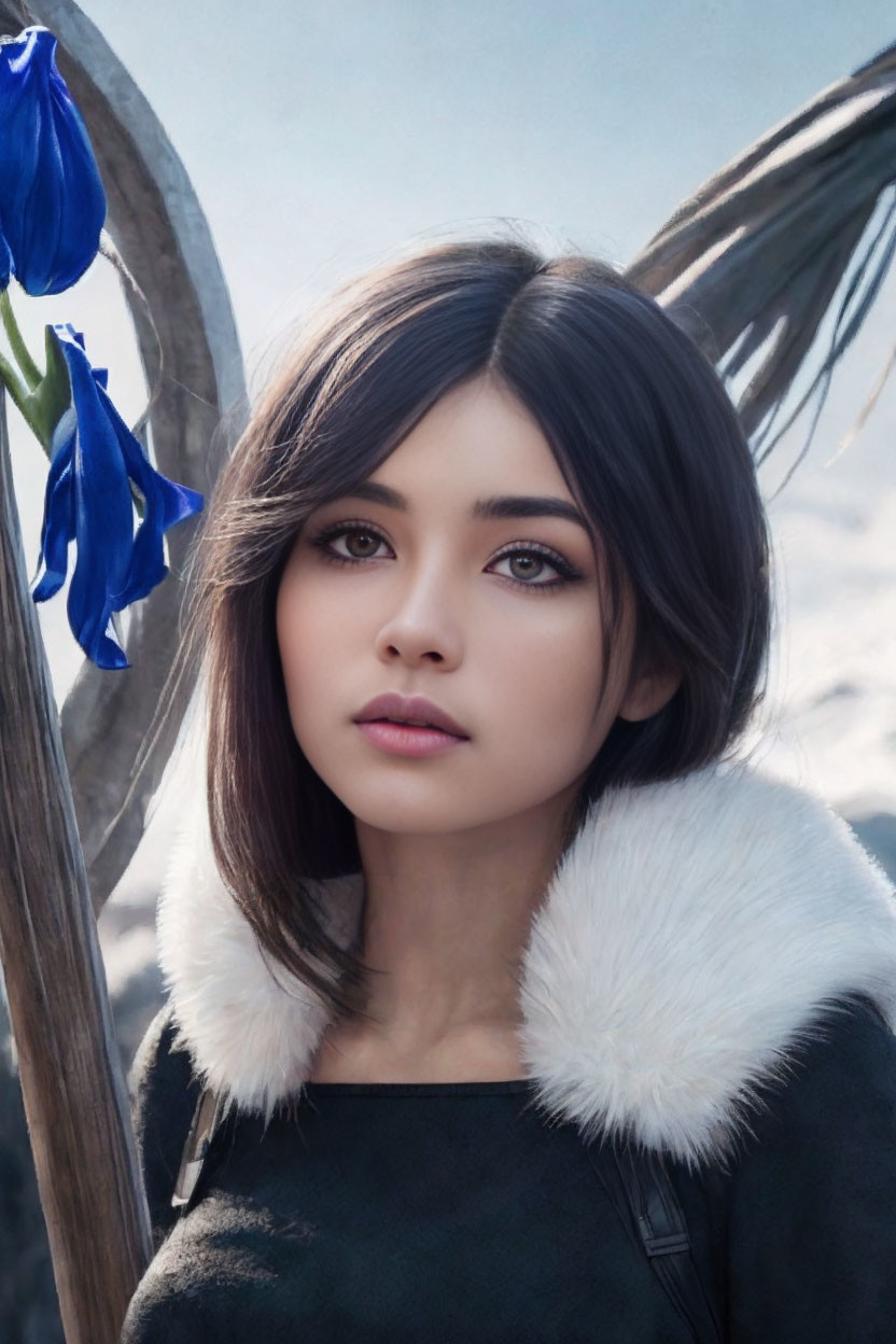 Young woman with expressive eyes in coat against cloudy sky