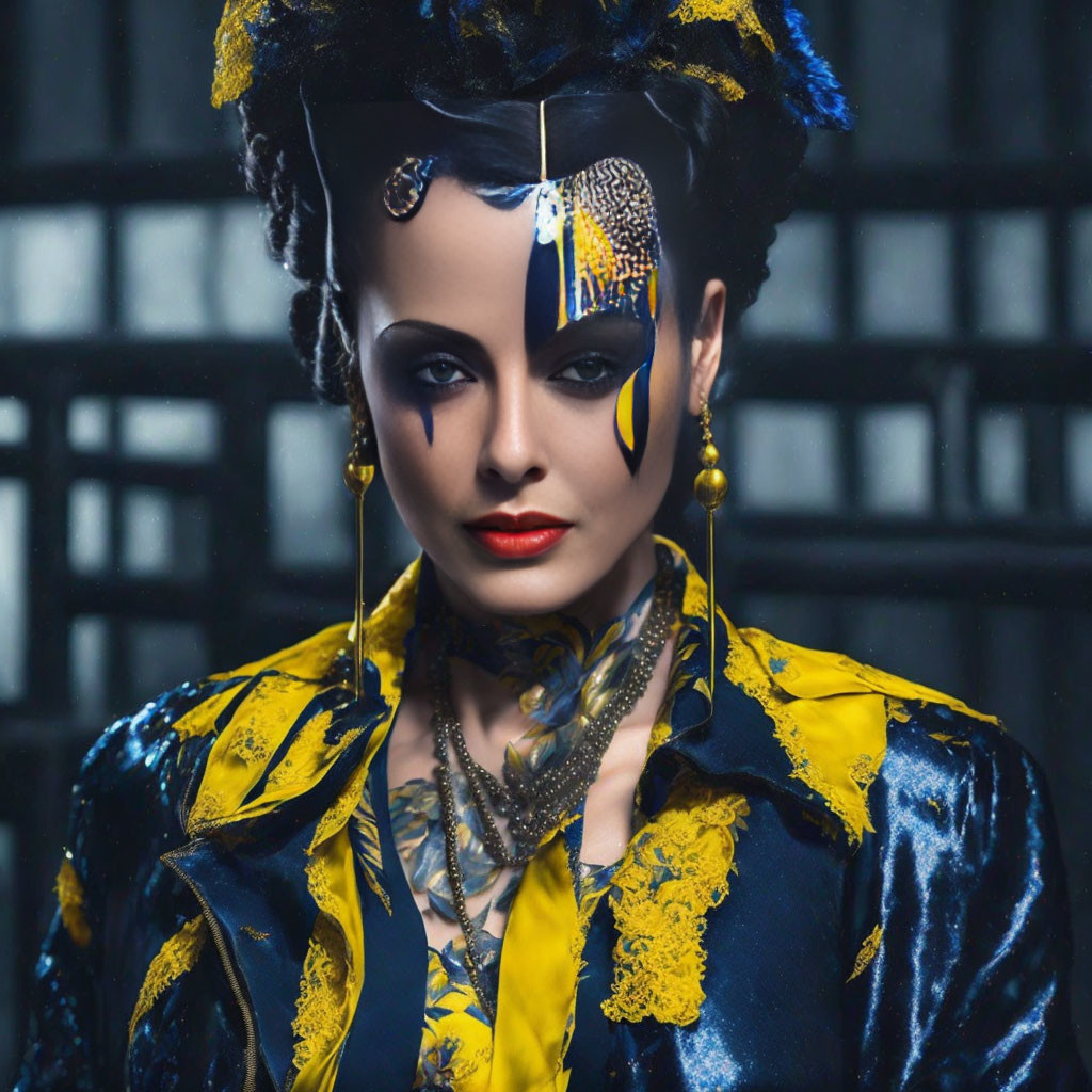 Dramatic pose with yellow and black makeup, intricate hairstyle, and blue outfit