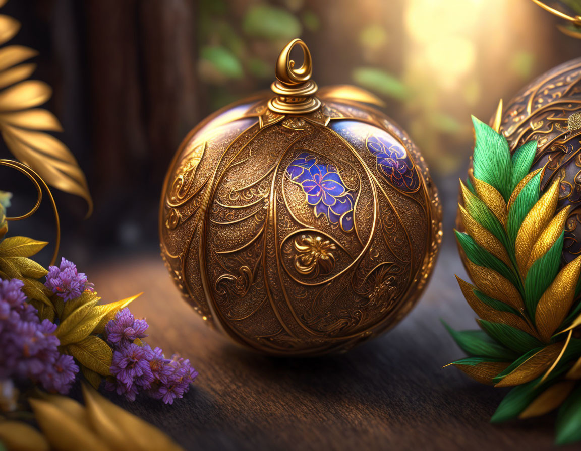 Intricate golden sphere with purple floral accents and metallic leaves in soft light