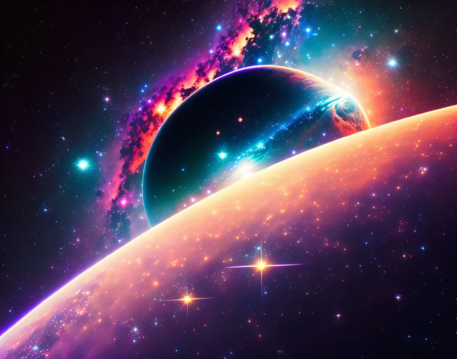 Colorful Nebula and Celestial Bodies in Vibrant Space Scene