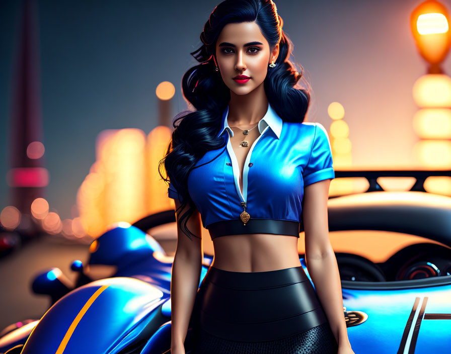 Stylized image of woman in blue shirt and black skirt by car at night