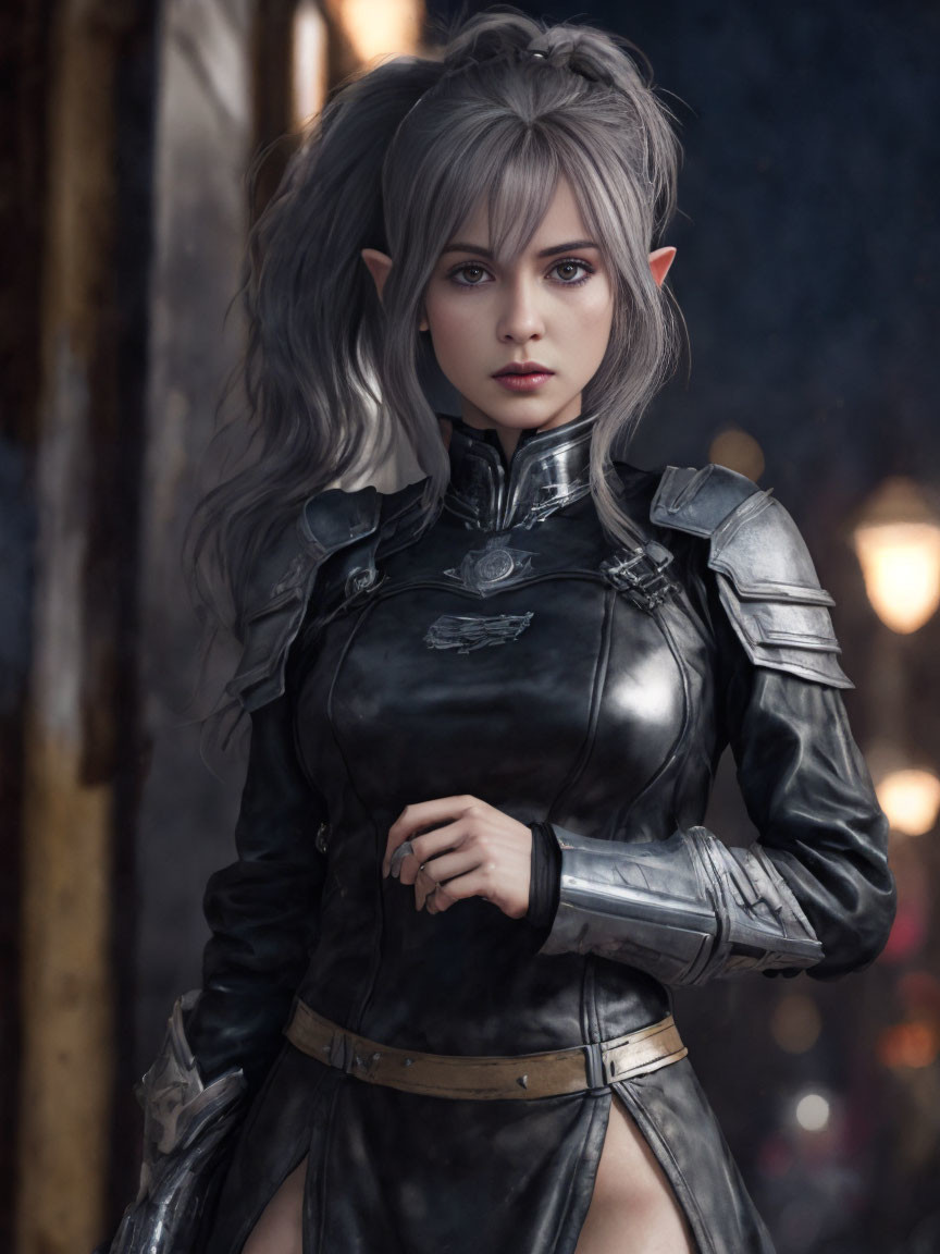 Silver-haired female in medieval armor with pointed ears