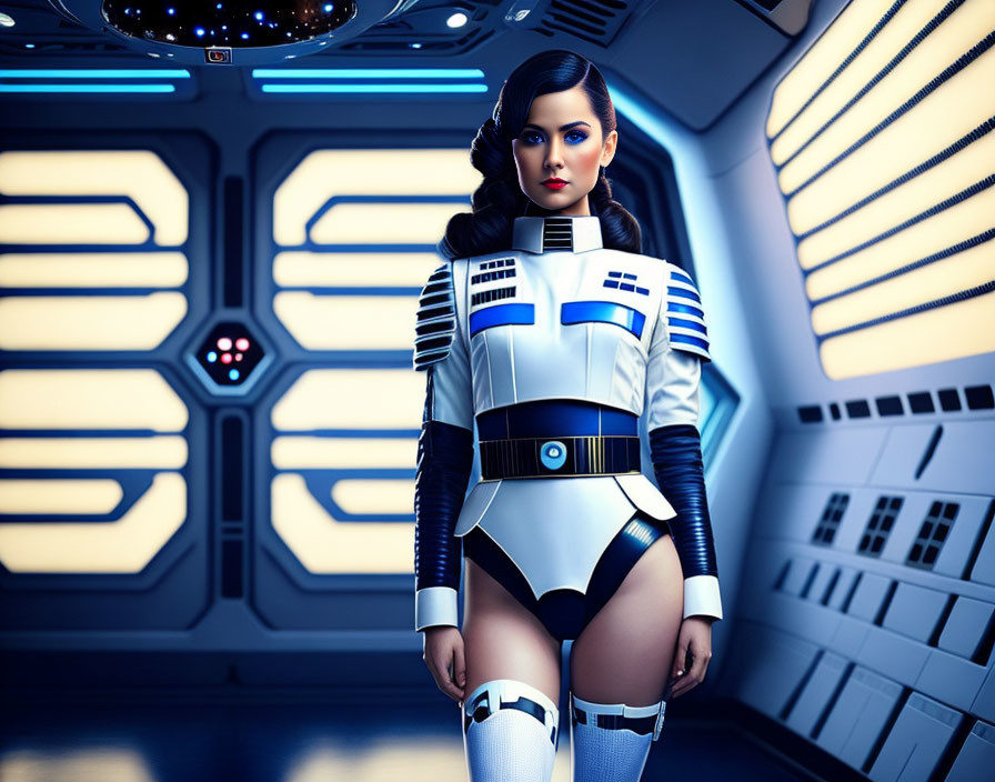 Futuristic woman in white and blue armor on spaceship corridor with illuminated panels