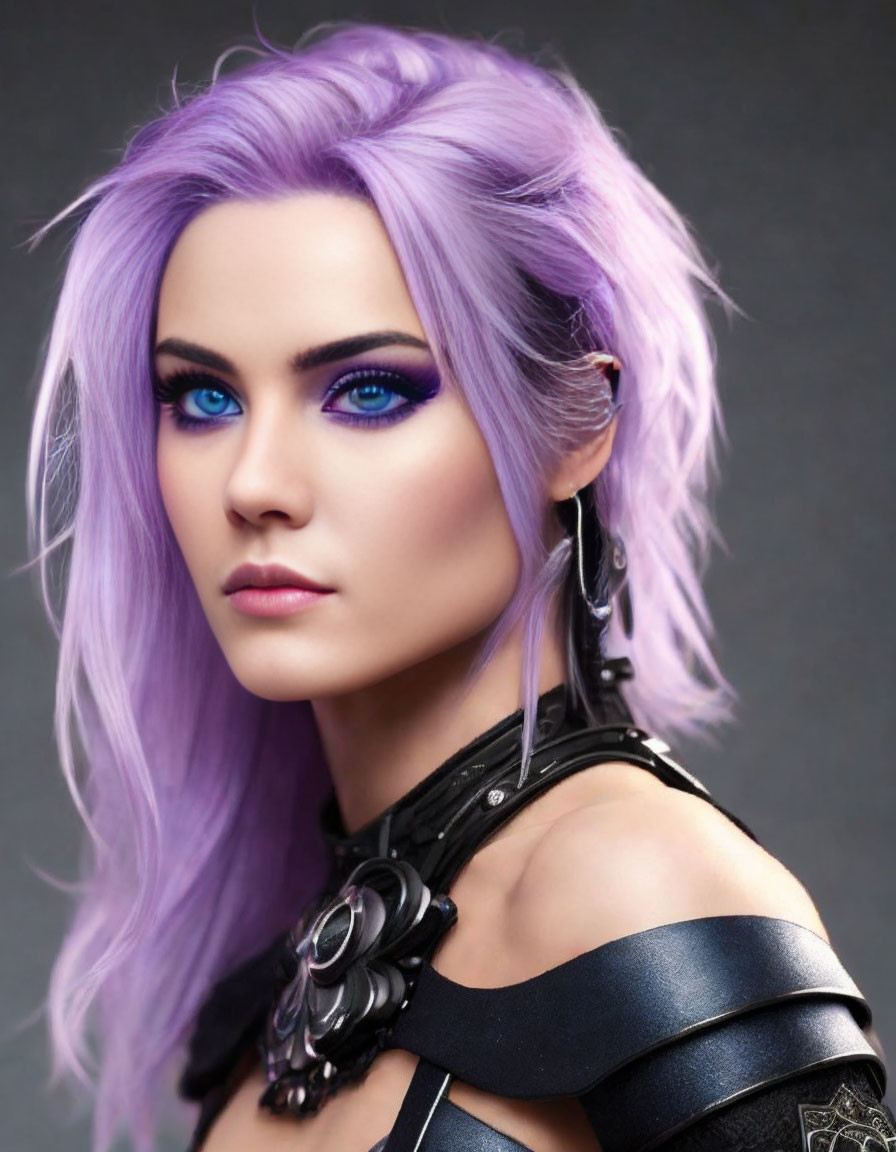 Purple-haired person in edgy black attire with vibrant blue eyes on grey background