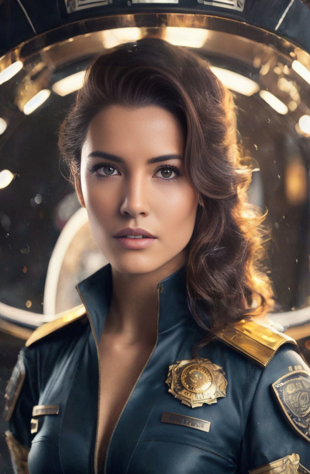 Wavy-haired woman in futuristic uniform by sci-fi portal