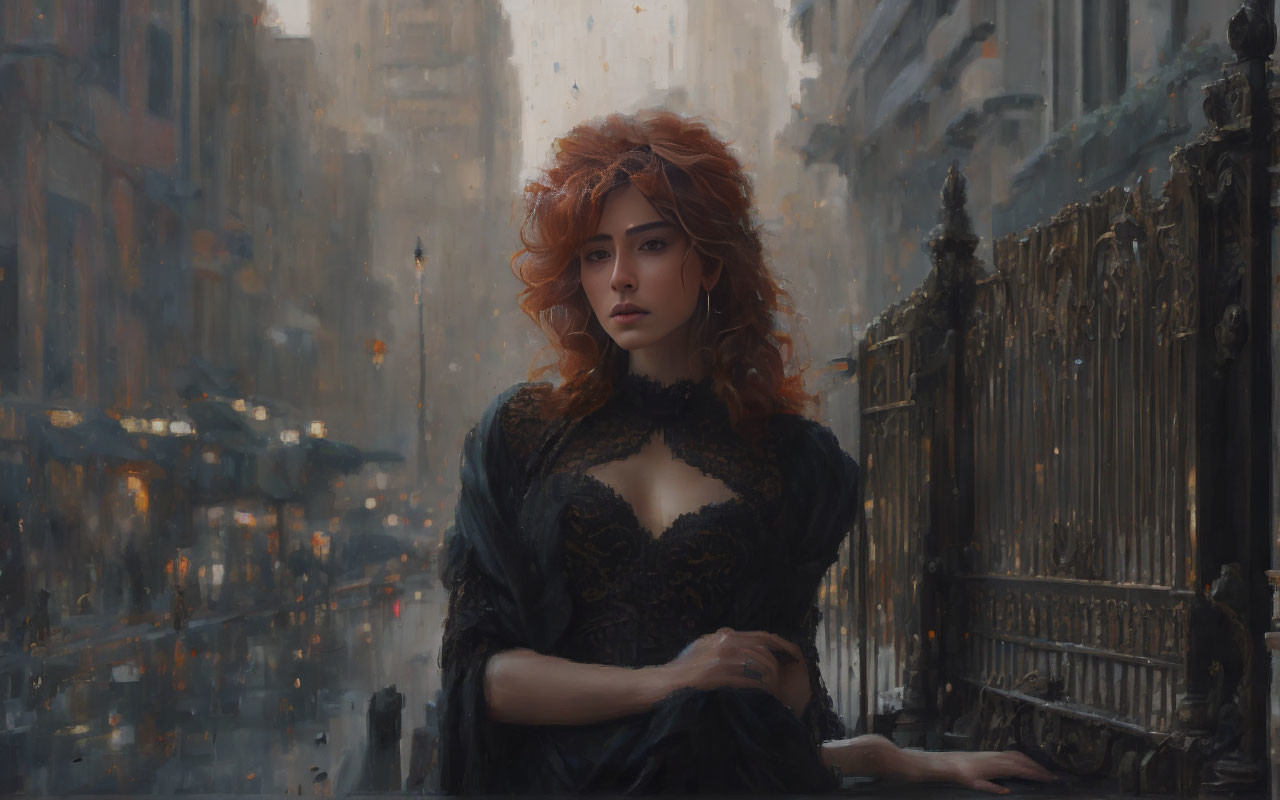 Curly Red-Haired Woman in Black Dress Leaning on Dark Gate