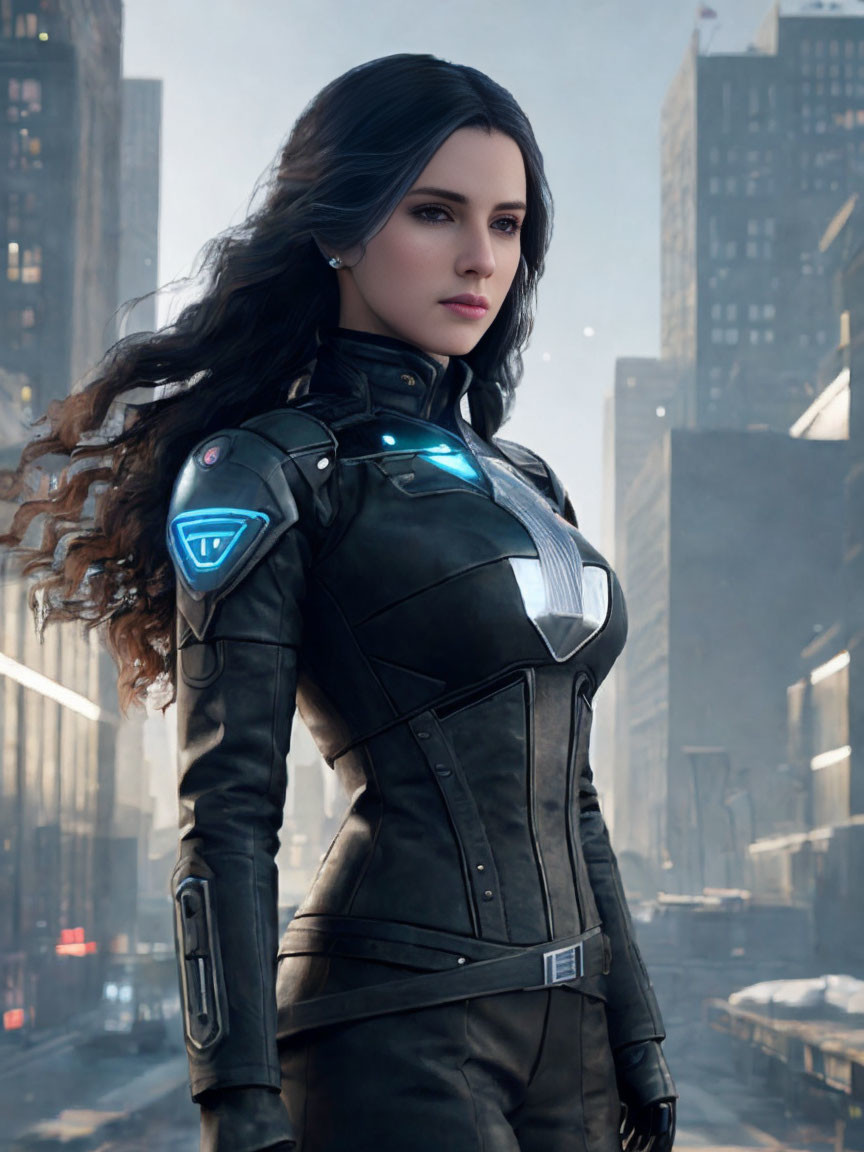 Woman with long wavy hair in futuristic black suit with glowing blue symbols, standing confidently in urban backdrop