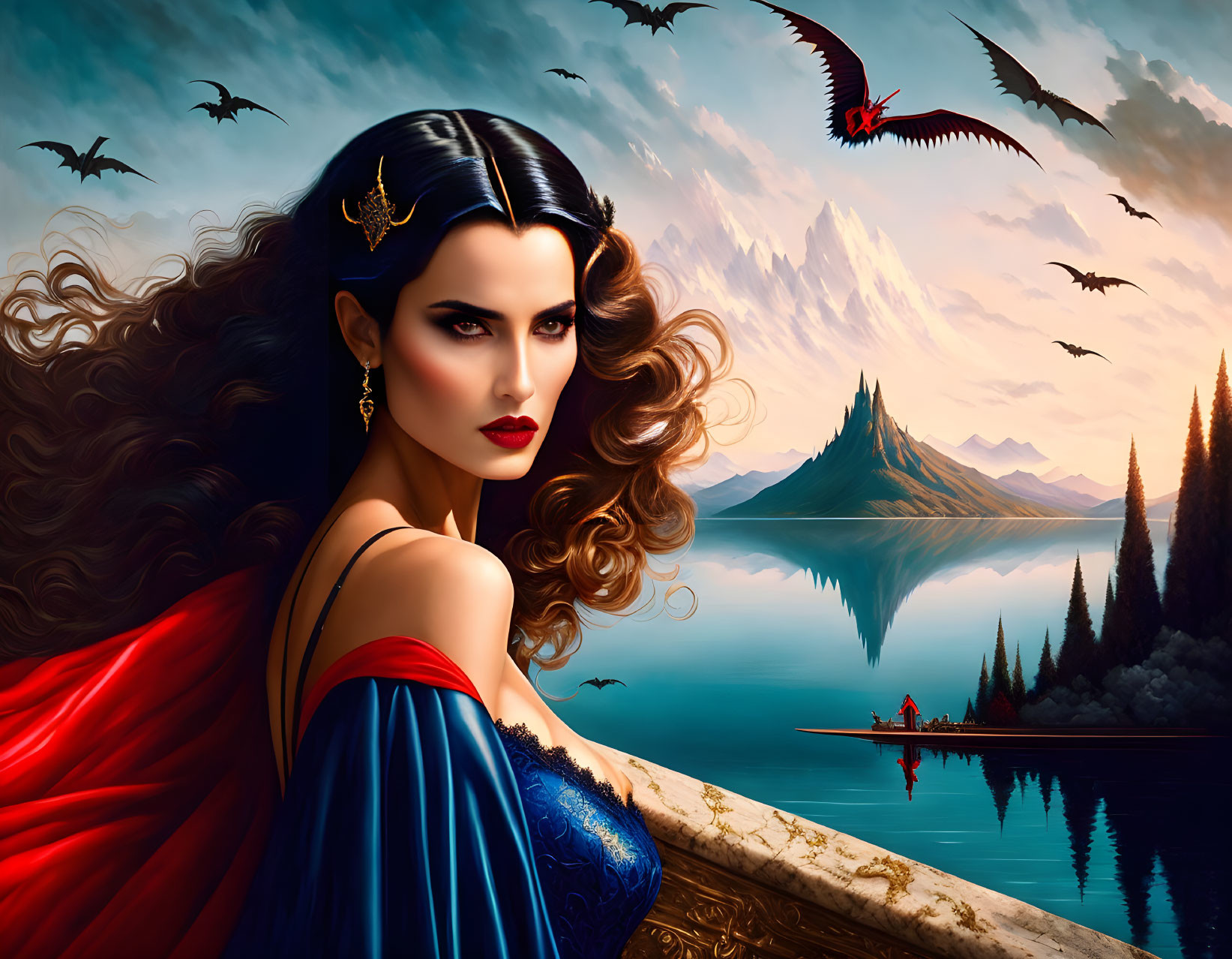 Digital artwork: Woman with voluminous hair, blue dress, red cape, bats, mountain landscape