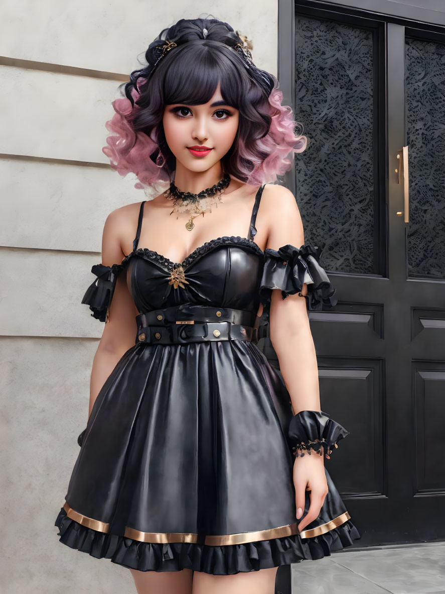 Black and Gold Gothic Lolita Dress with Puffed Sleeves and Choker