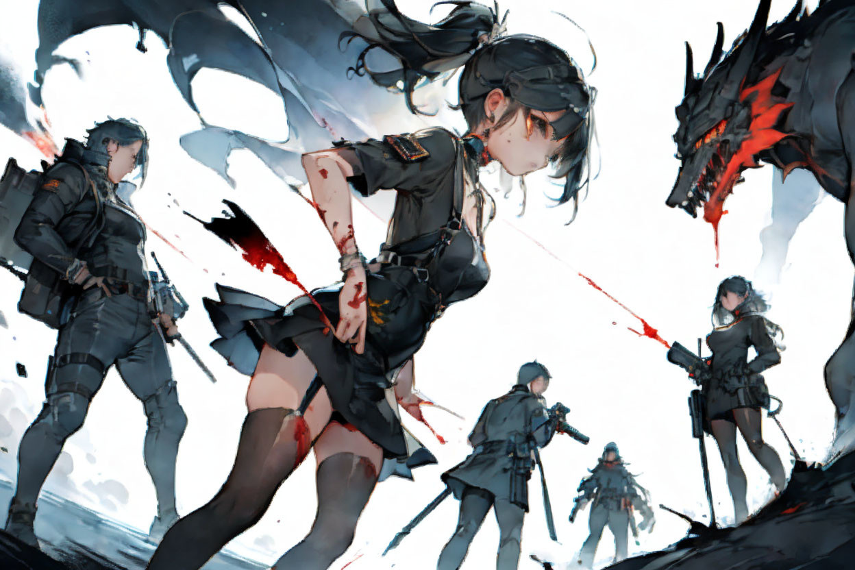 Anime-style illustration: Female warrior in combat with soldiers and dark monster