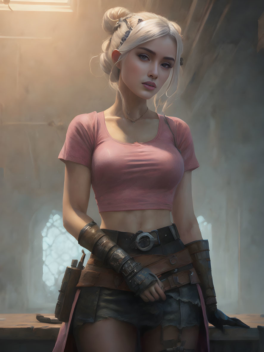 Futuristic female character in pink crop top and armored bracers poses in dimly lit room