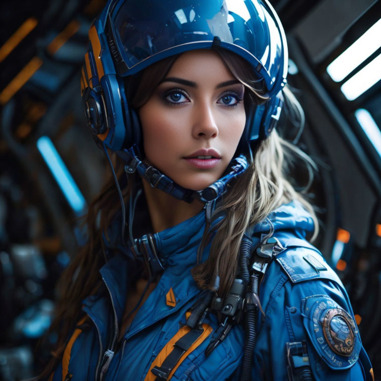 Blue pilot suit woman with helmet and headset in futuristic cockpit