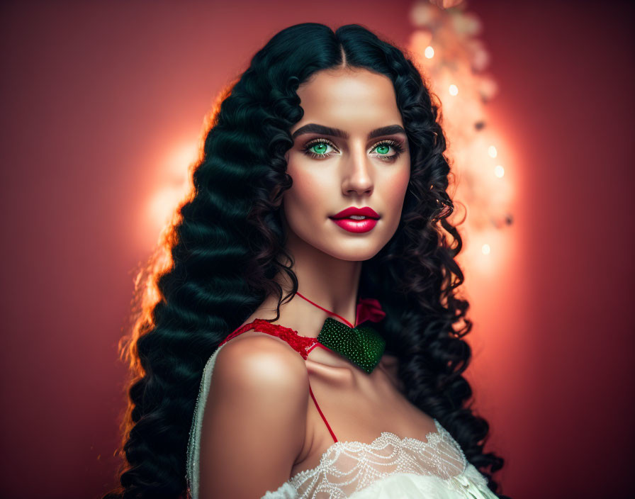 Portrait of Woman with Deep Green Eyes and Curly Dark Hair on Red Background