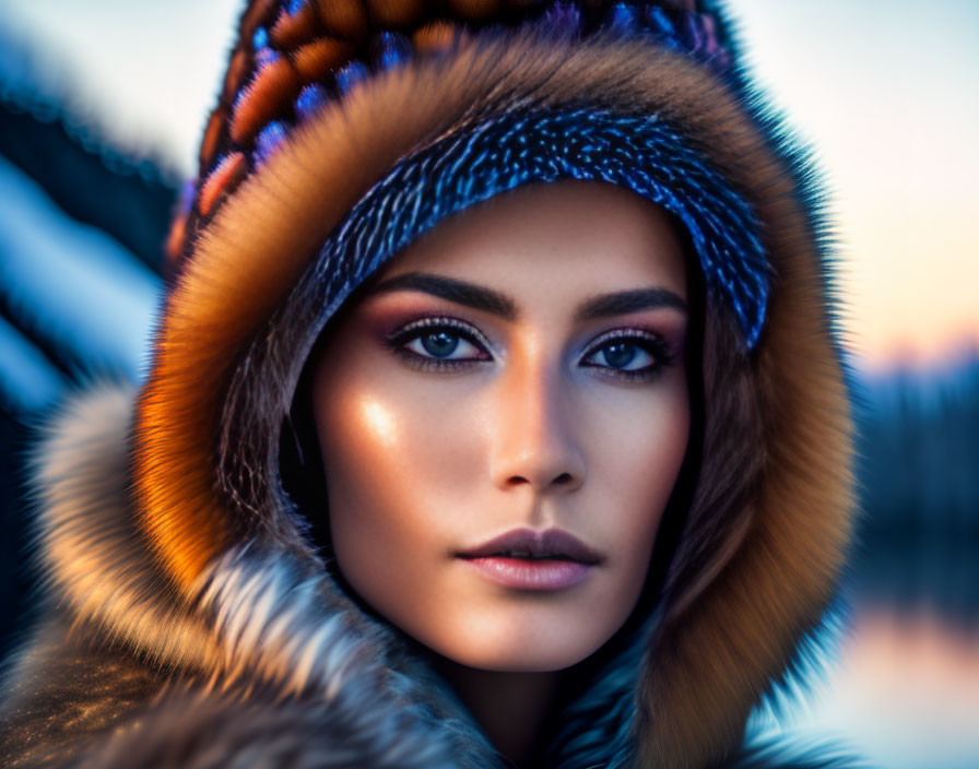 Close-Up Portrait of Person with Striking Makeup and Fur Hood in Winter Scene