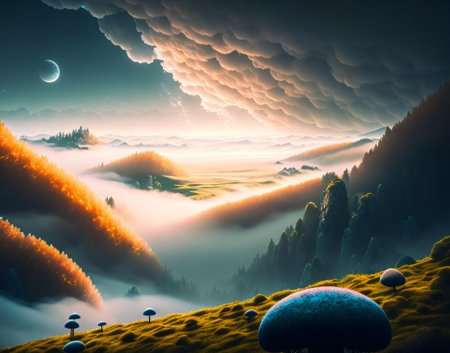 Surreal landscape: undulating clouds, crescent moon, glowing horizon, golden forests, mist