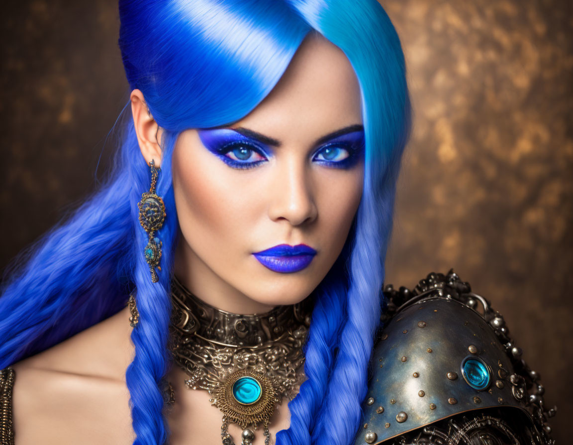 Vibrant Blue Hair Woman Poses with Medieval-Style Blue Gemstone Armor Piece