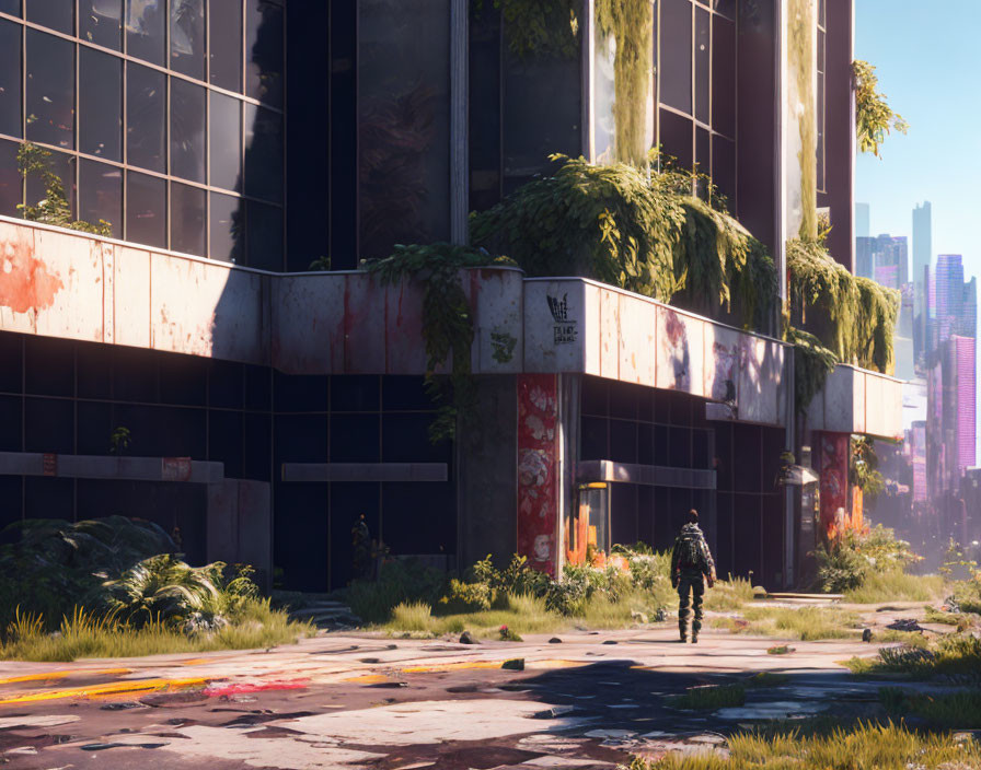 Armored figure in overgrown cityscape with abandoned buildings and "Peace" sign