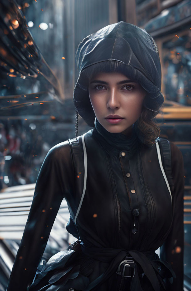 Futuristic woman in leather outfit in industrial sci-fi setting