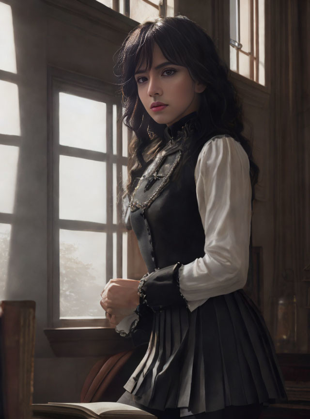 Victorian woman in ruffled blouse and dark vest near window with soft light.