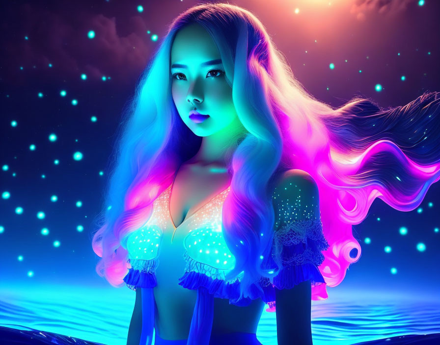 Colorful Portrait of Woman with Neon Hair Against Starry Sky