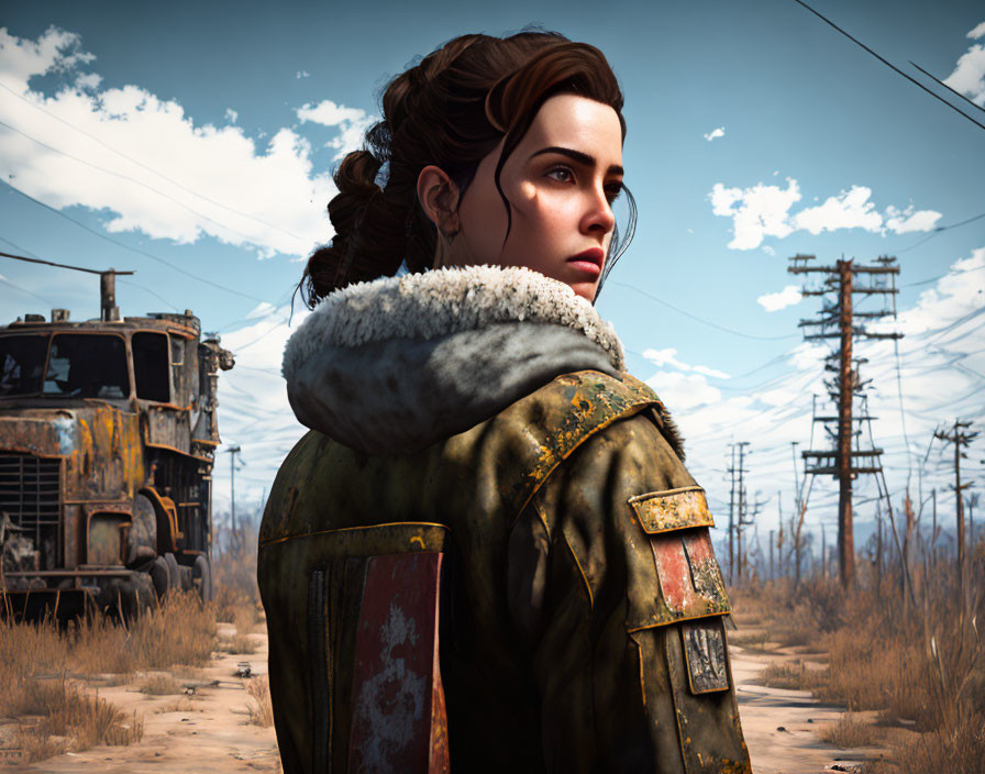 Woman with braided updo in distressed fur-lined jacket in post-apocalyptic setting