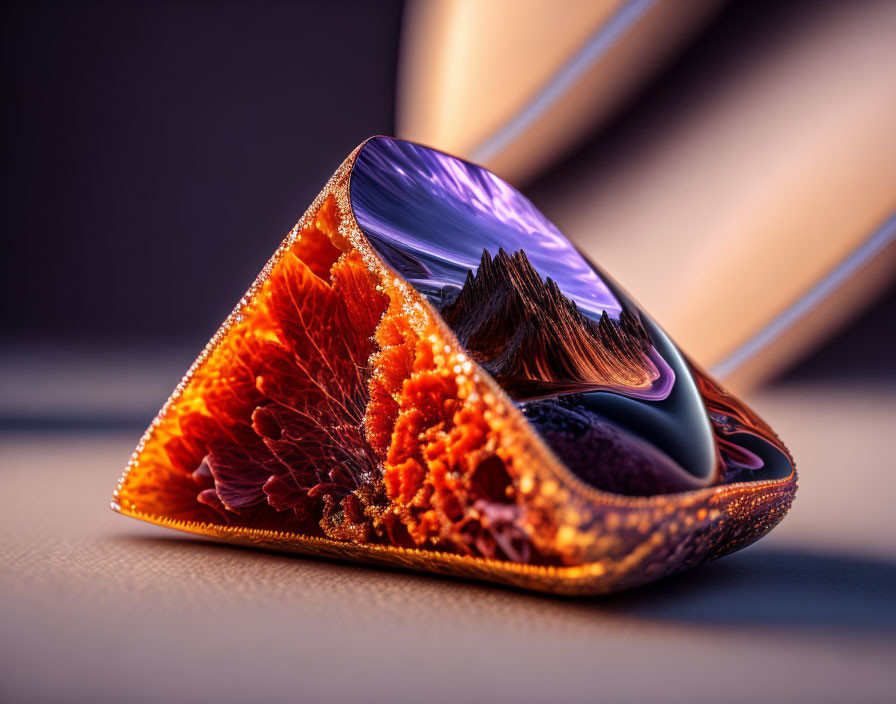 Amber triangle with detailed internal landscape on soft background