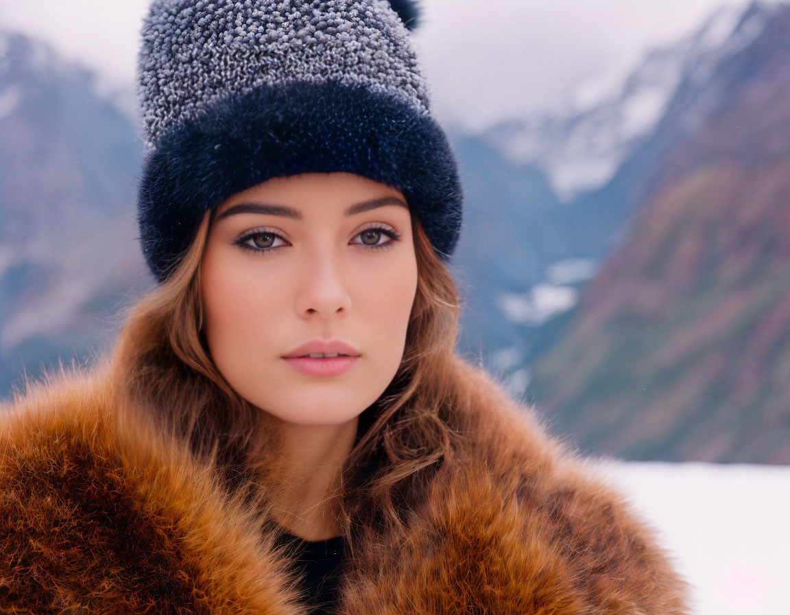 Woman in fur coat and knit hat poses against mountain backdrop