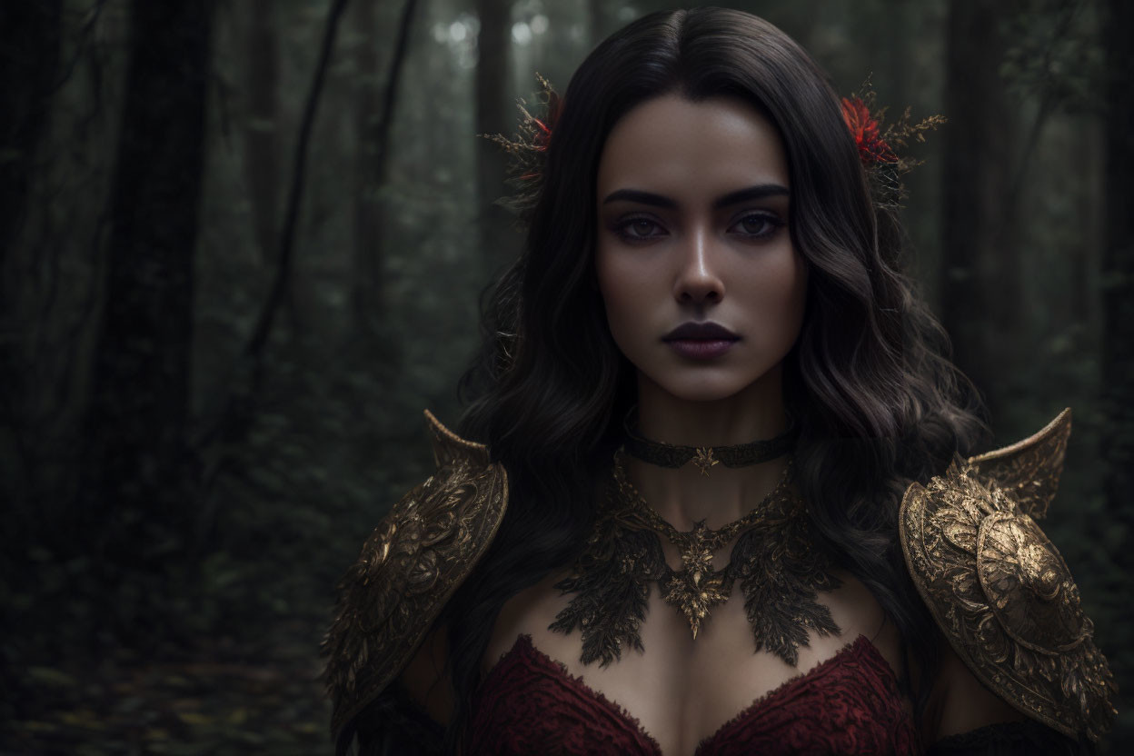 Dark-haired woman in golden armor and corset in misty forest