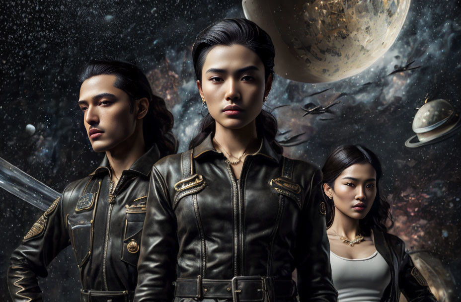 Three individuals in leather jackets against space backdrop with planets and starfighters