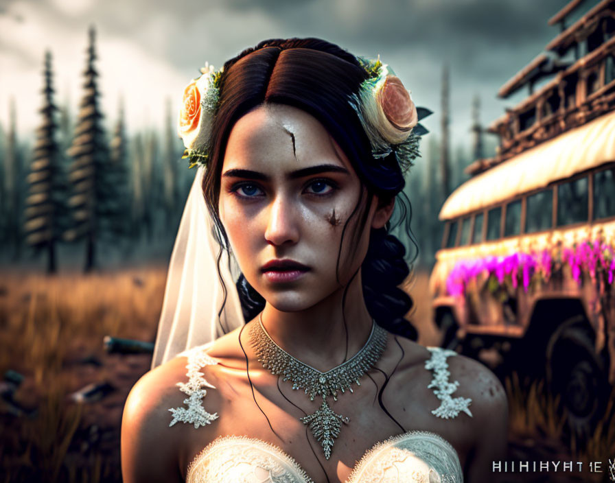 Intense-eyed bride with scar in dystopian setting by vintage bus