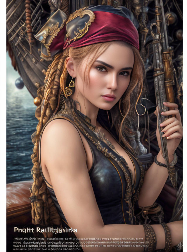 Pirate-themed woman with red bandana and nautical accessories by the sea