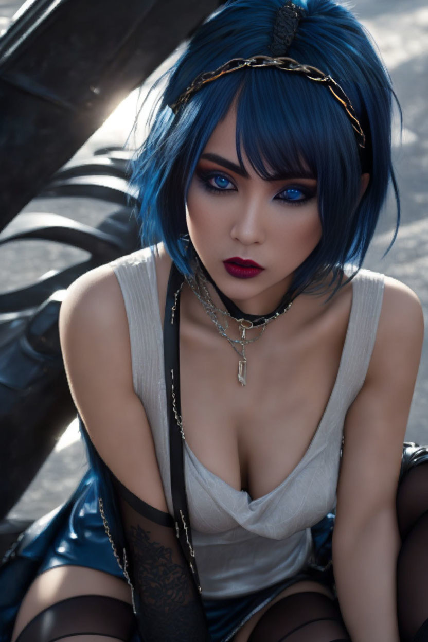 Woman with Blue Hair and Winged Back Piece in Dramatic Pose