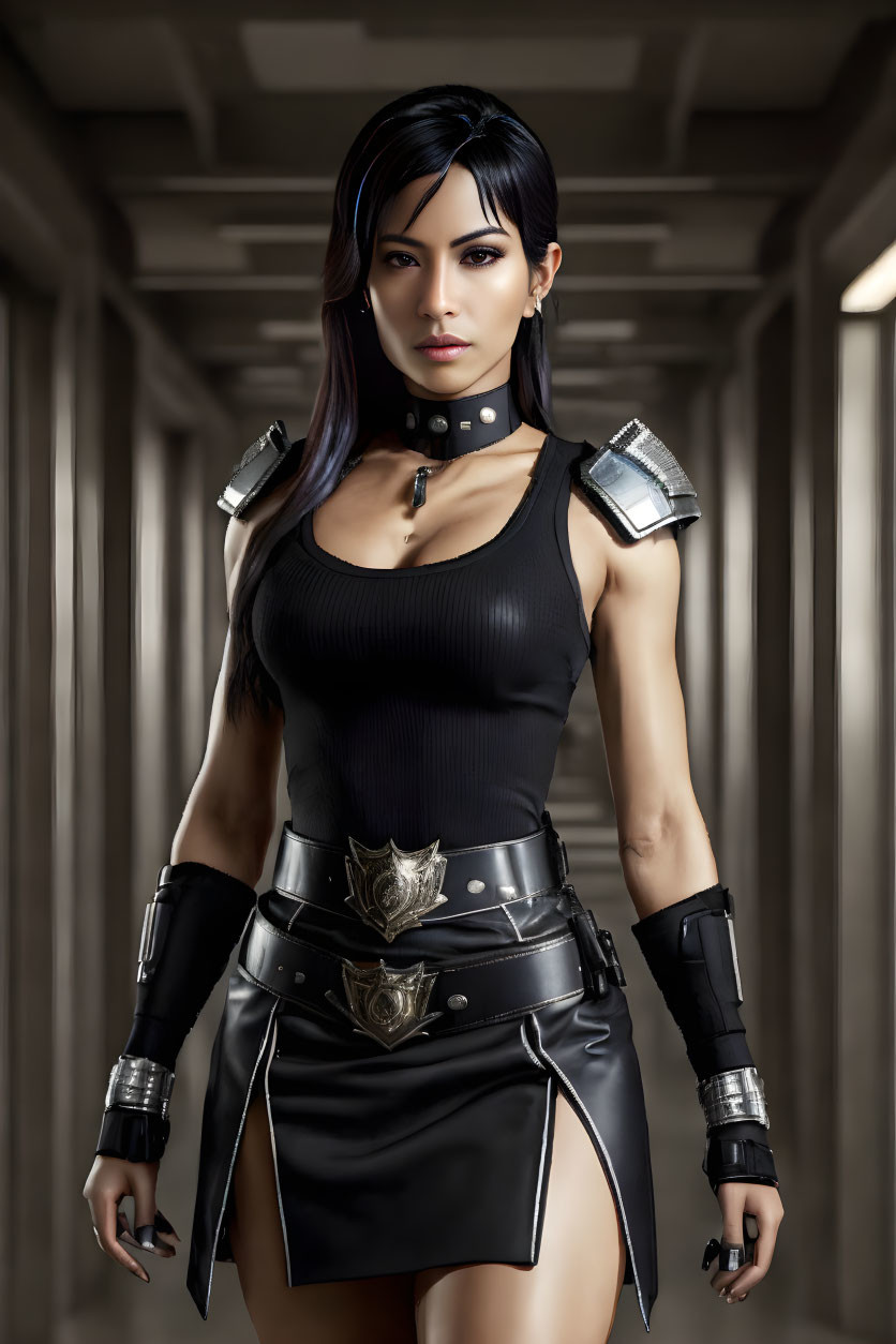 Futuristic woman in black armor with metal accents in corridor