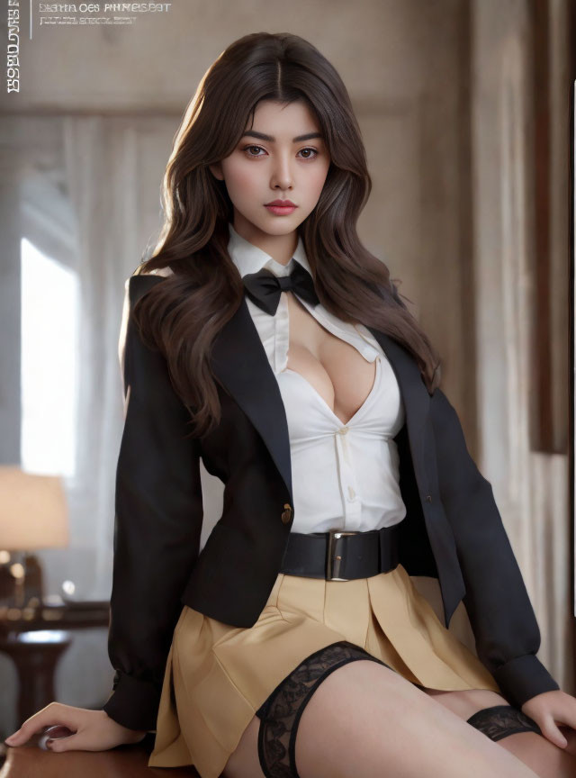 Digital artwork of a woman in black blazer and bow tie sitting crossed-legged