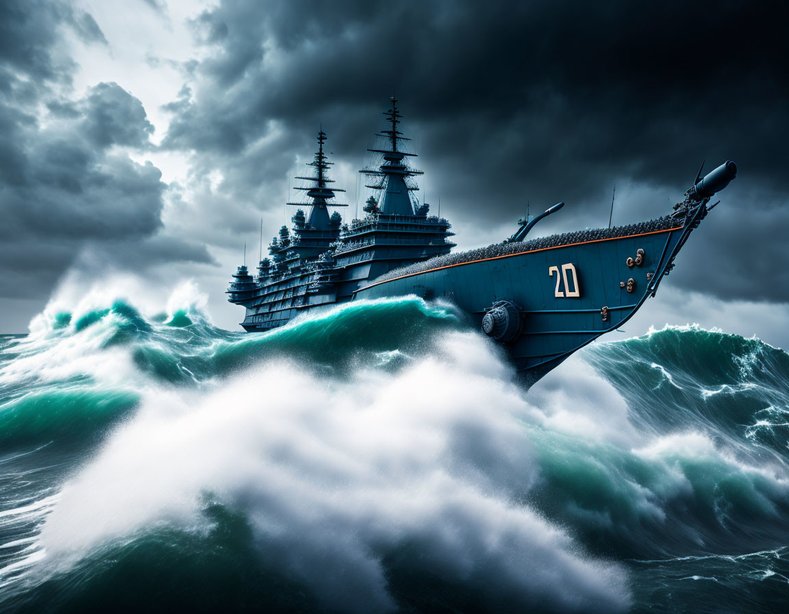 Battleship navigating stormy seas and dark skies