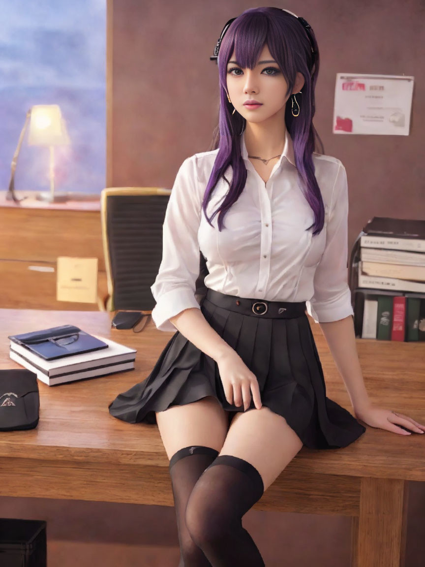 Young woman with purple hair in white shirt and black skirt sitting at table with books and lamp