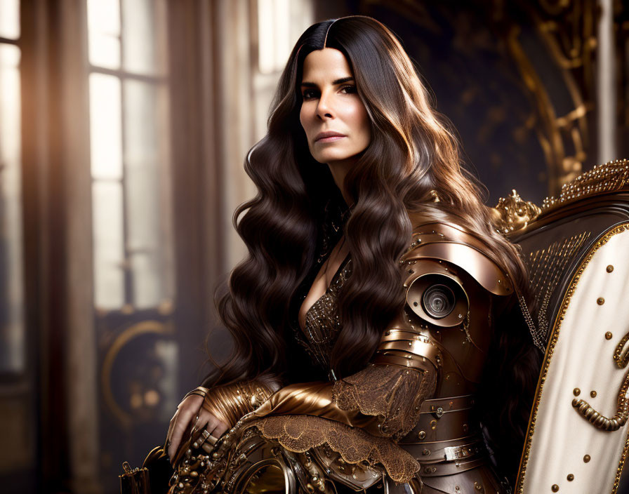 Dark-haired woman in steampunk armor on opulent throne in historical room