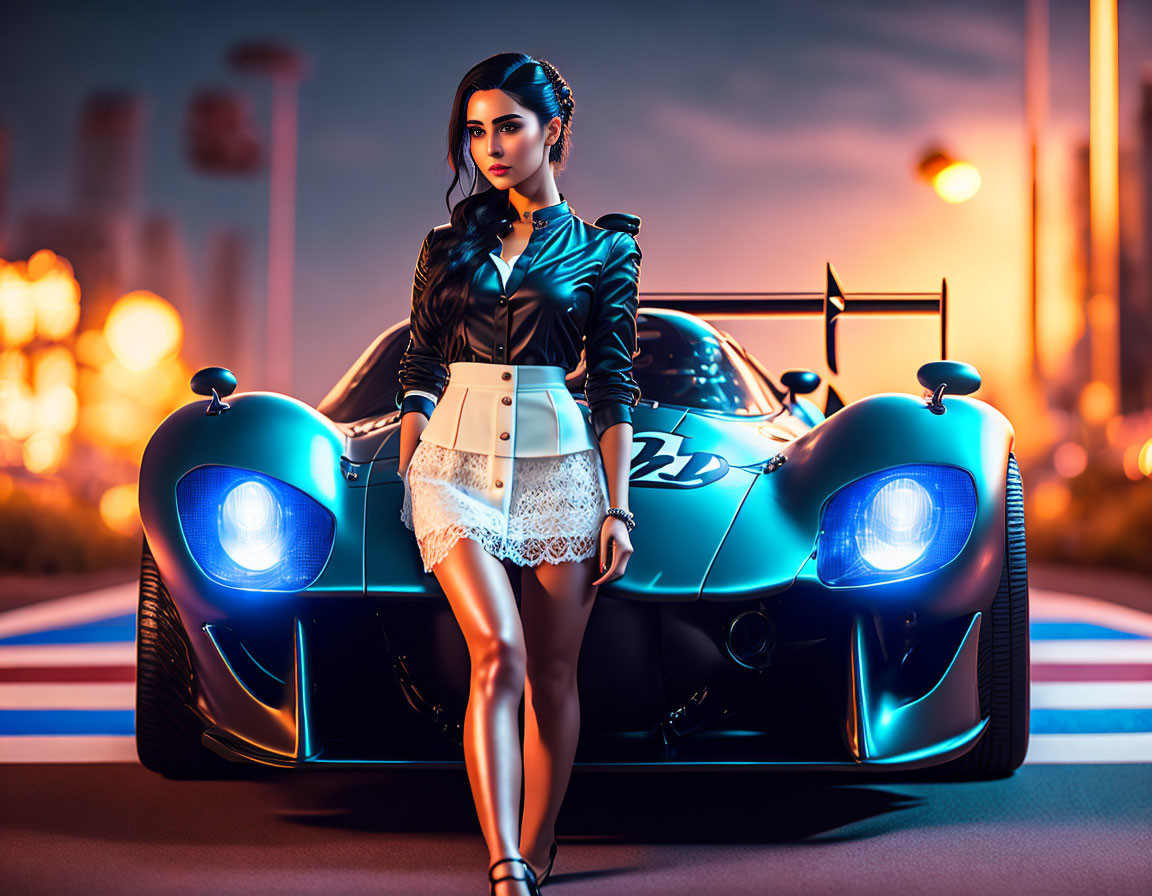 Woman in black jacket and white skirt leaning on blue sports car at twilight.