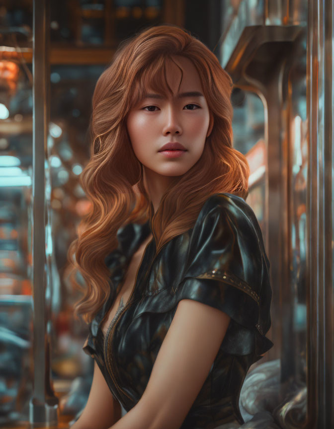 Wavy-haired woman in leather outfit against metallic backdrop