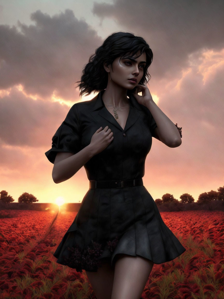 Woman in field at sunset with hand on hip and gazing into distance