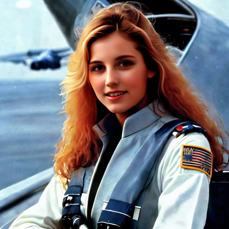 Long-haired woman in flight suit poses in front of jet aircraft