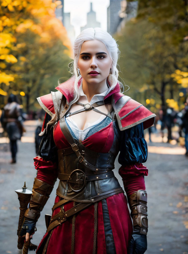 White-haired figure in medieval fantasy armor in autumnal park